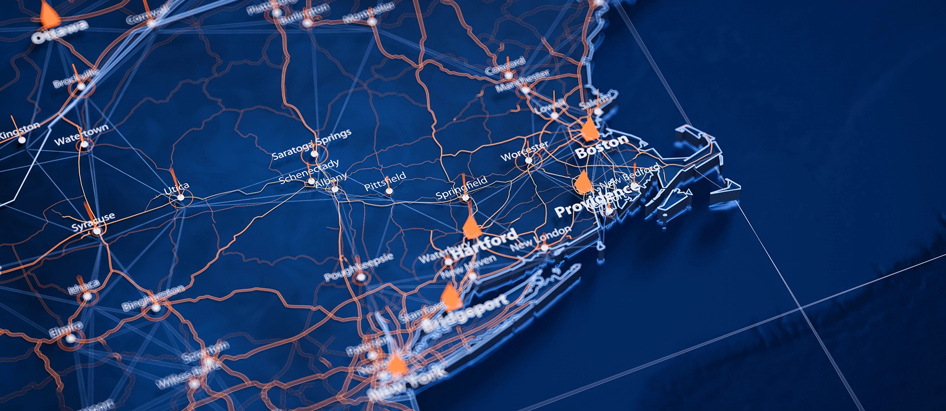 Digital map of northeastern United States with orange location markers and interconnected network lines